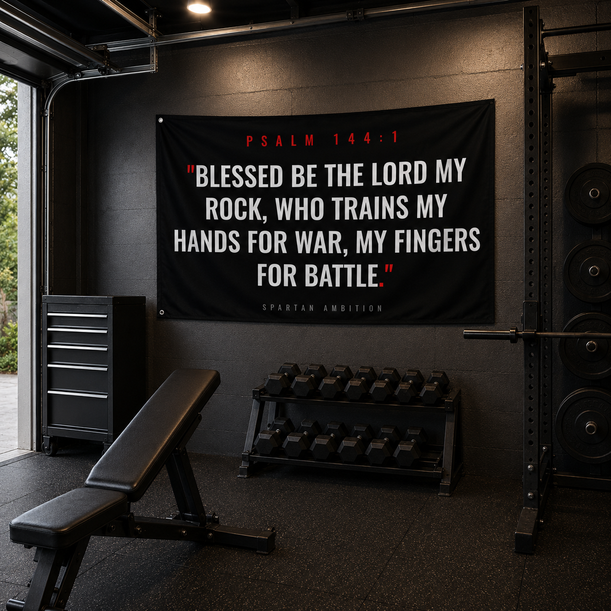 Psalm 144:1 Christian Wall Flag – “Trains My Hands for War” Gym Banner