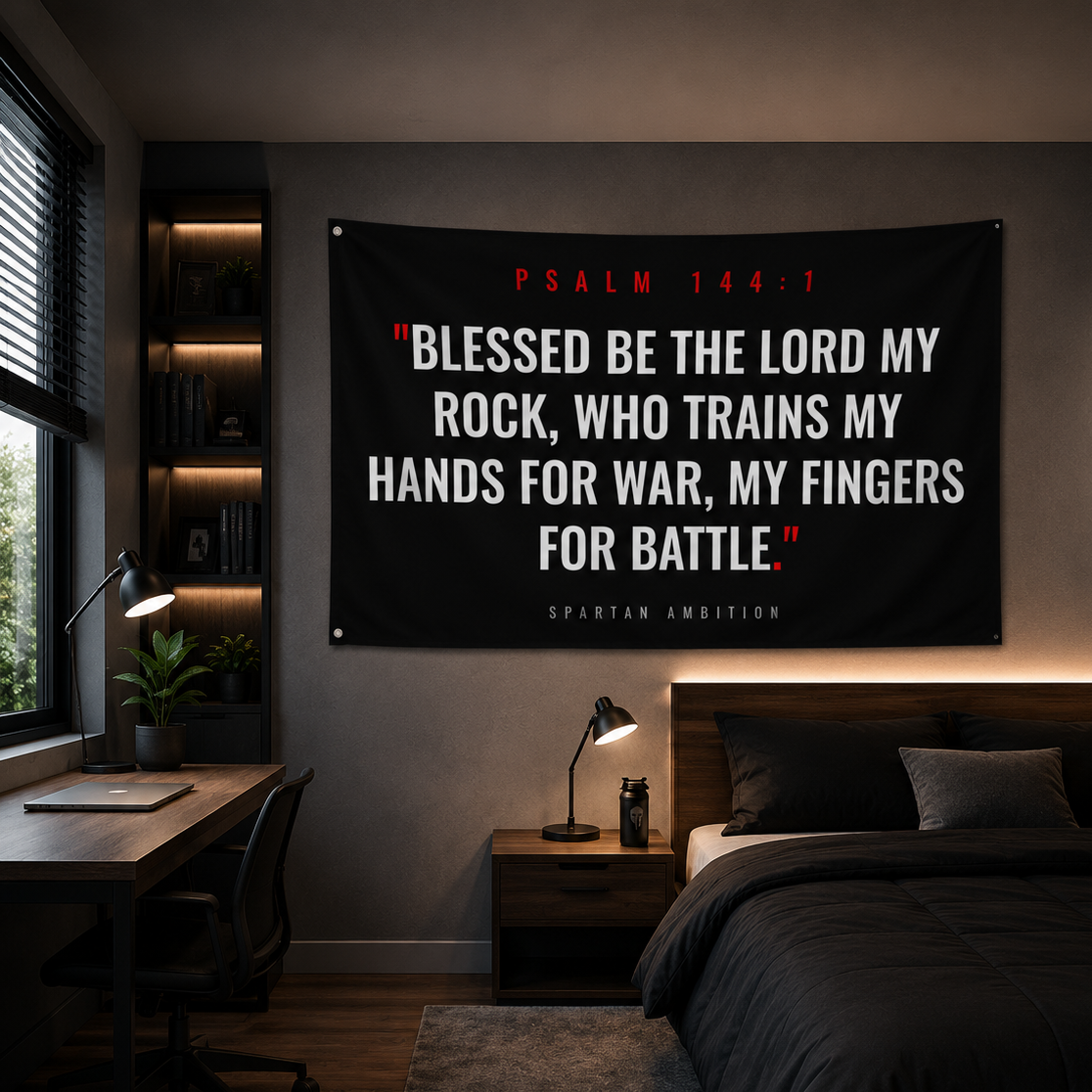 Psalm 144:1 Christian Wall Flag – “Trains My Hands for War” Gym Banner