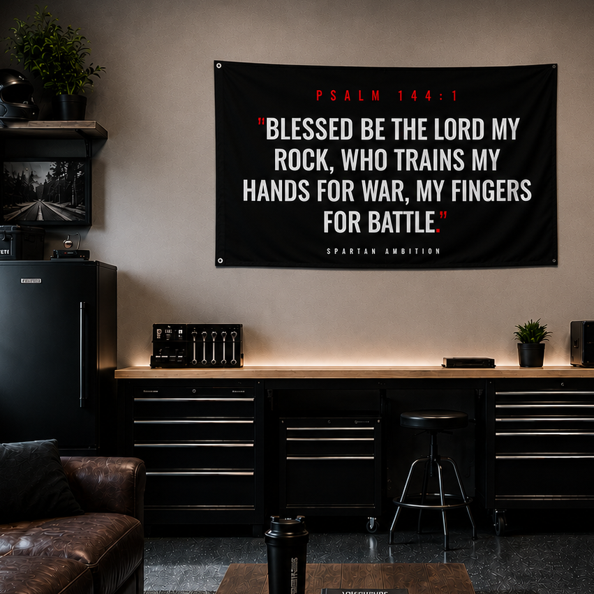 Psalm 144:1 Christian Wall Flag – “Trains My Hands for War” Gym Banner