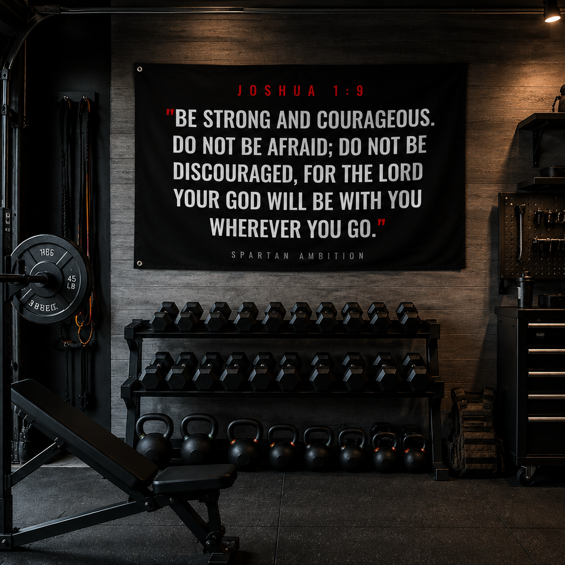 Joshua 1:9 Christian Wall Flag – “Be Strong and Courageous” Scripture Gym Banner