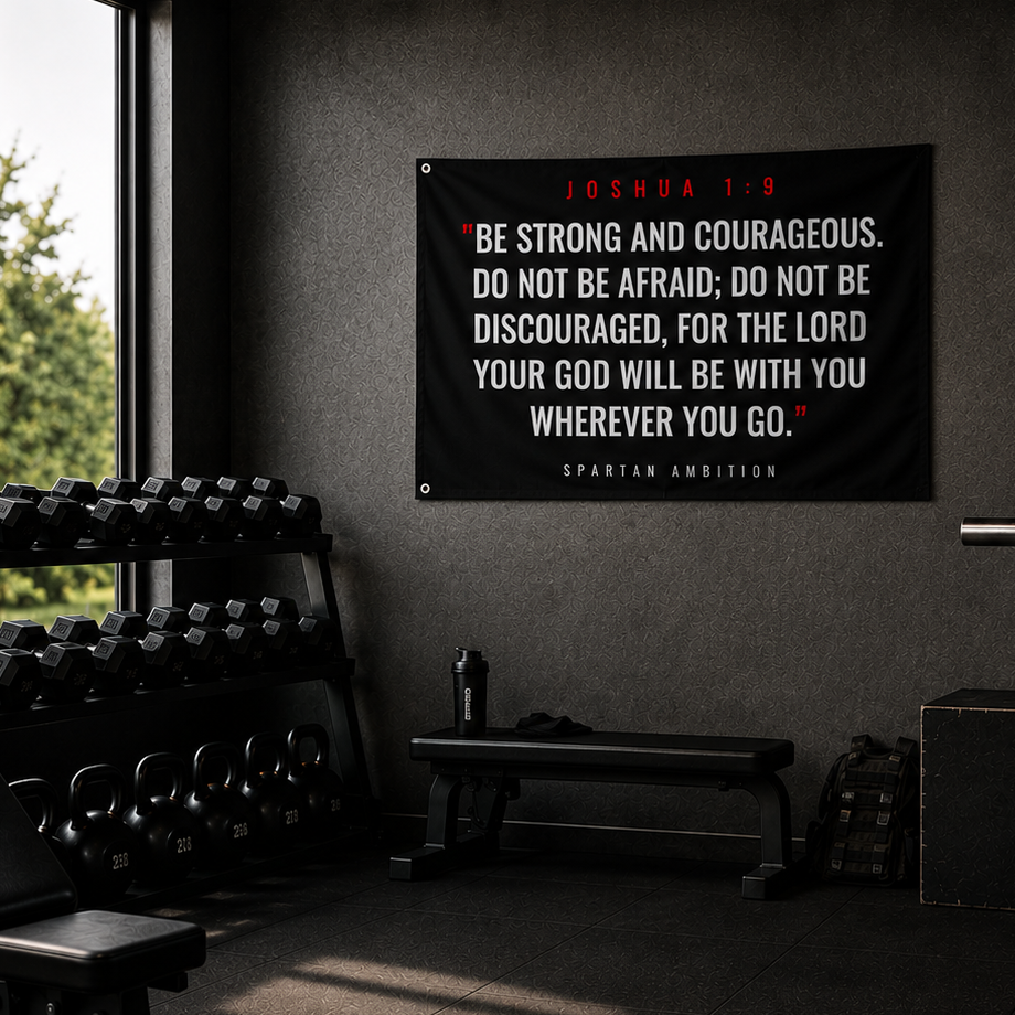Joshua 1:9 Christian Wall Flag – “Be Strong and Courageous” Scripture Gym Banner