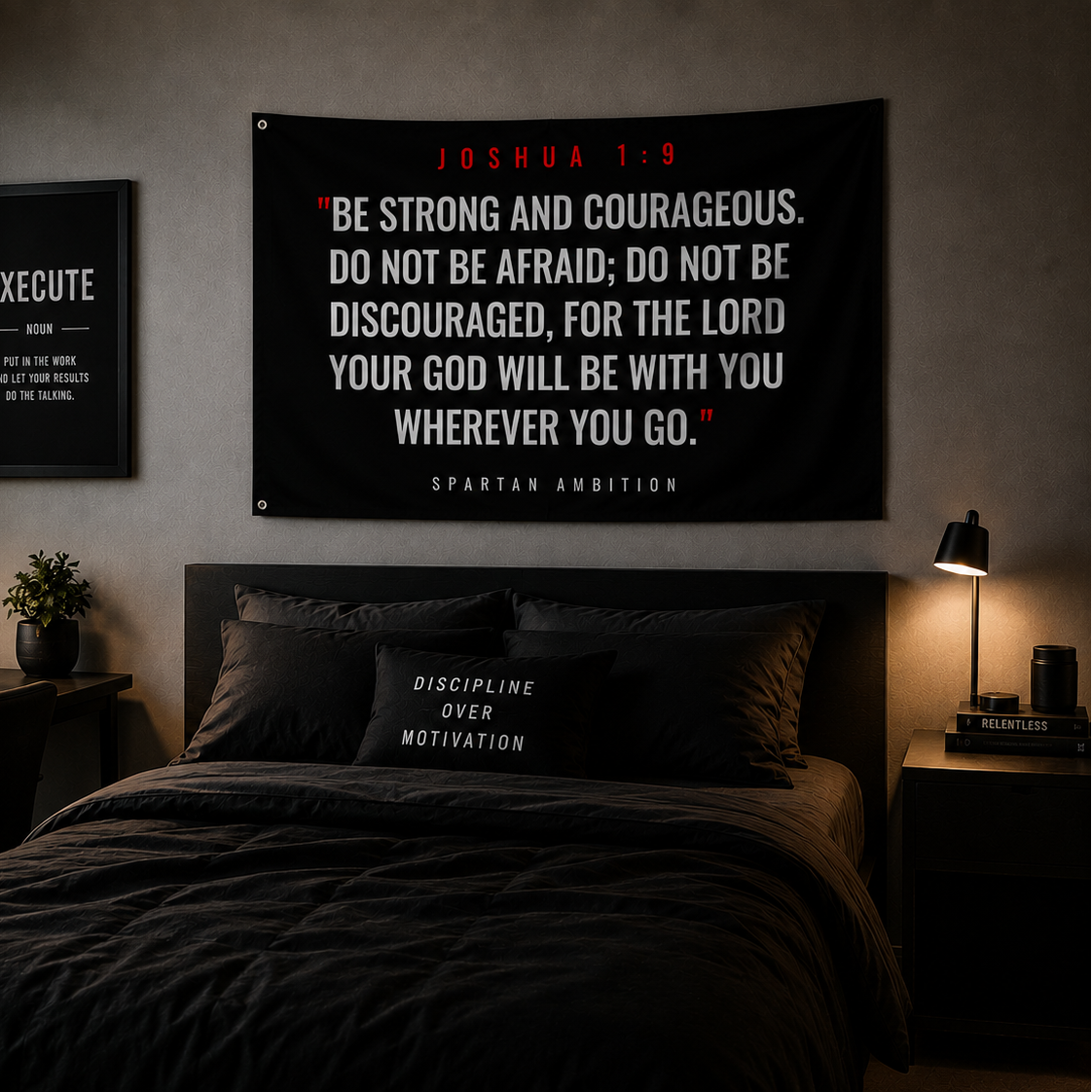 Joshua 1:9 Christian Wall Flag – “Be Strong and Courageous” Scripture Gym Banner