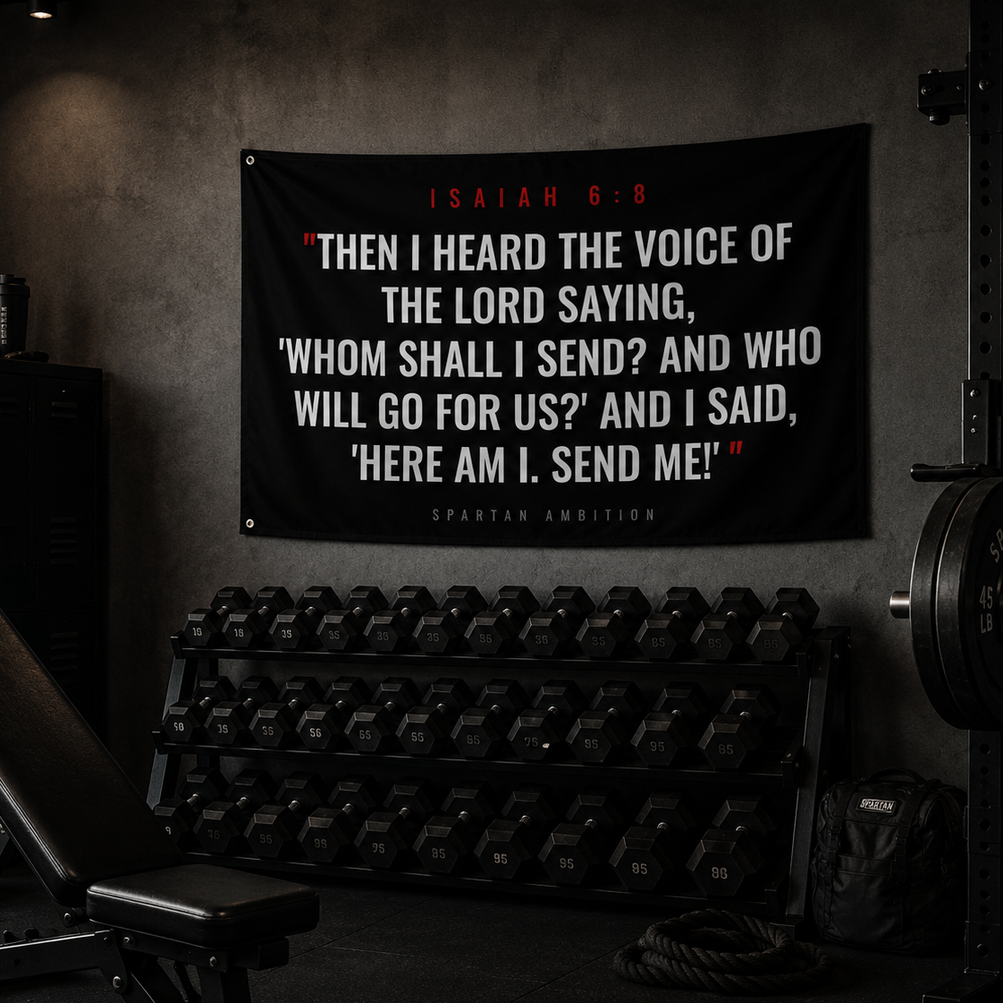 Isaiah 6:8 Christian Wall Flag – “Here Am I. Send Me.” Scripture Gym Banner