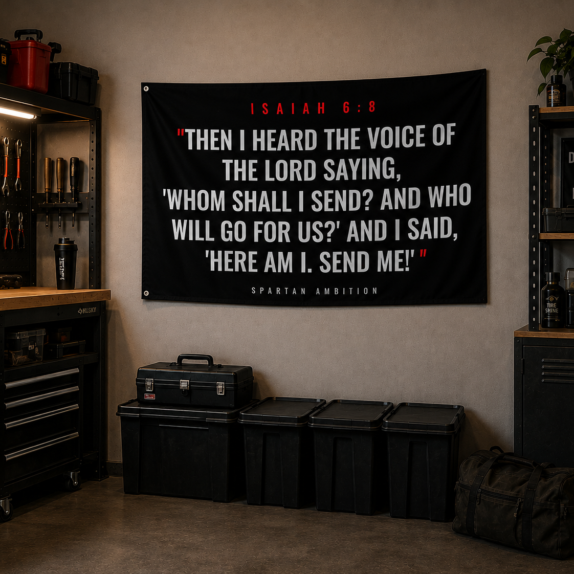 Isaiah 6:8 Christian Wall Flag – “Here Am I. Send Me.” Scripture Gym Banner