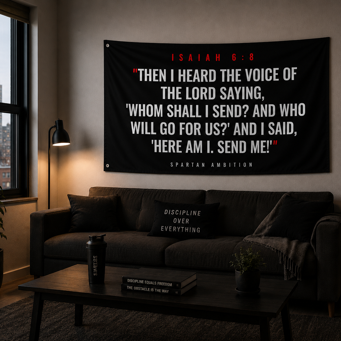 Isaiah 6:8 Christian Wall Flag – “Here Am I. Send Me.” Scripture Gym Banner