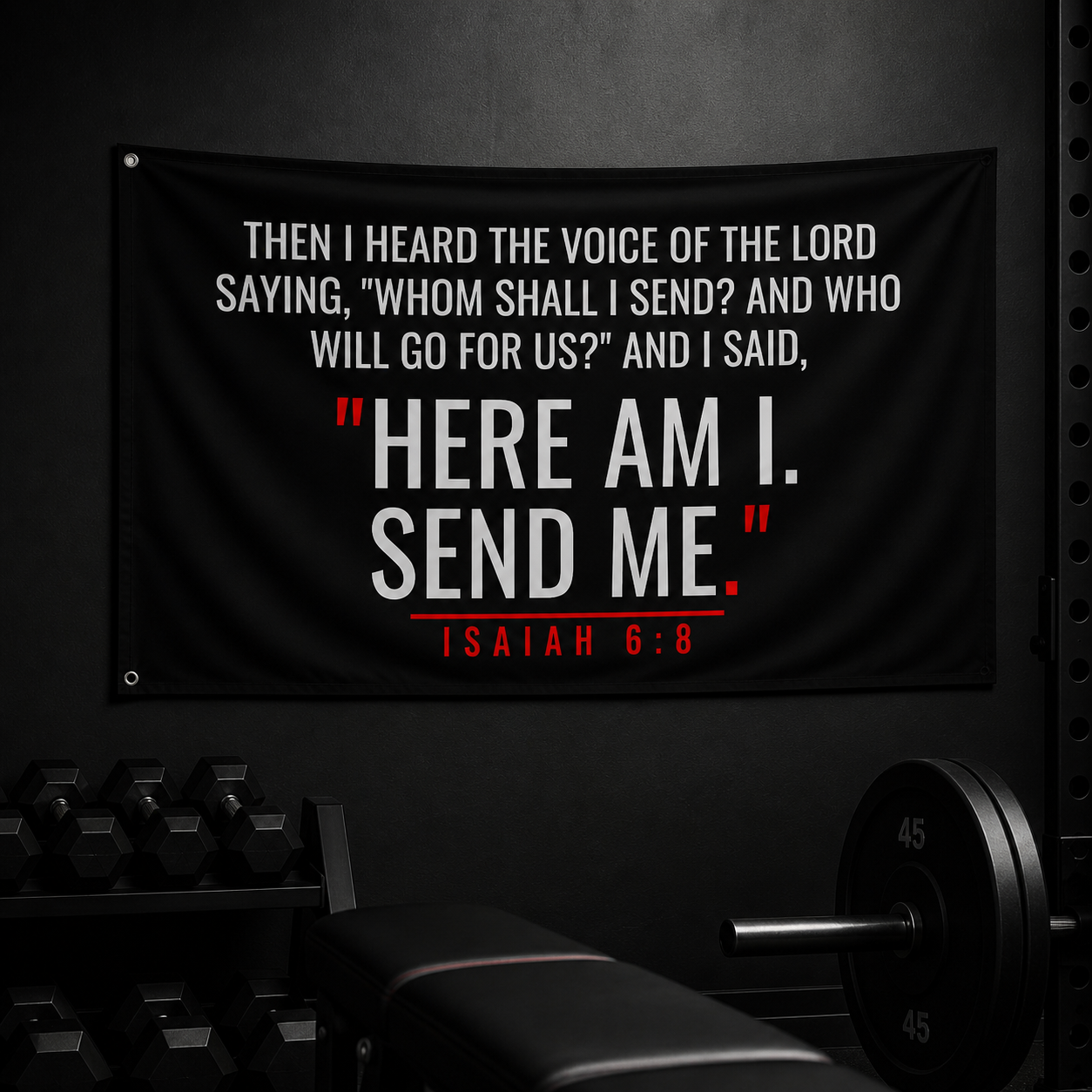 Isaiah 6:8 Flag – Here Am I Send Me Bible Verse Wall Flag for Gym, Room & Christian Decor